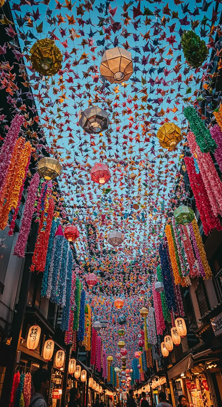 Techo cubierto por miles de grullas de origami de colores y algunos farolillos.