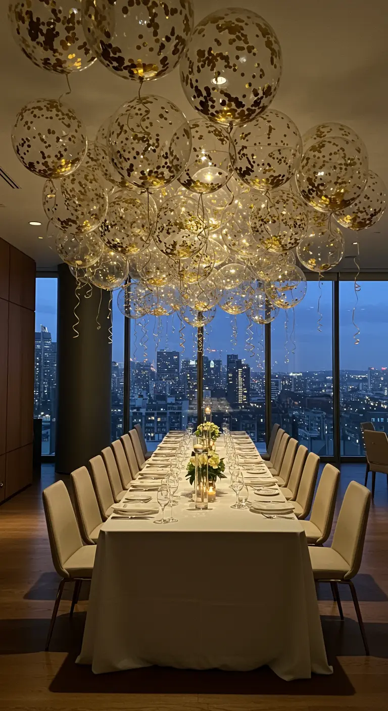 Techo cubierto de globos de confeti dorado sobre una elegante mesa de comedor con vistas a la ciudad.