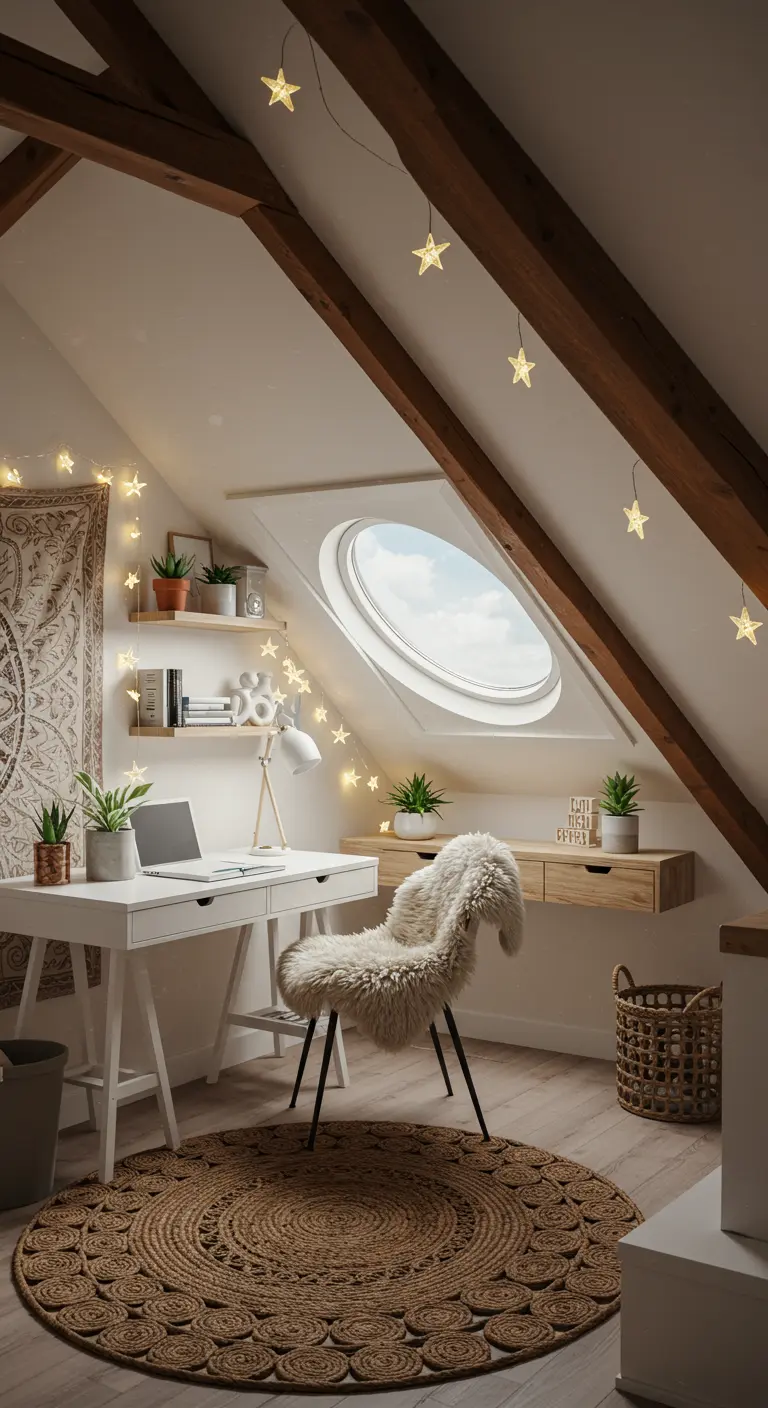 Escritorio blanco y minimalista en un ático con luces de estrellas y silla de pelo sintético.