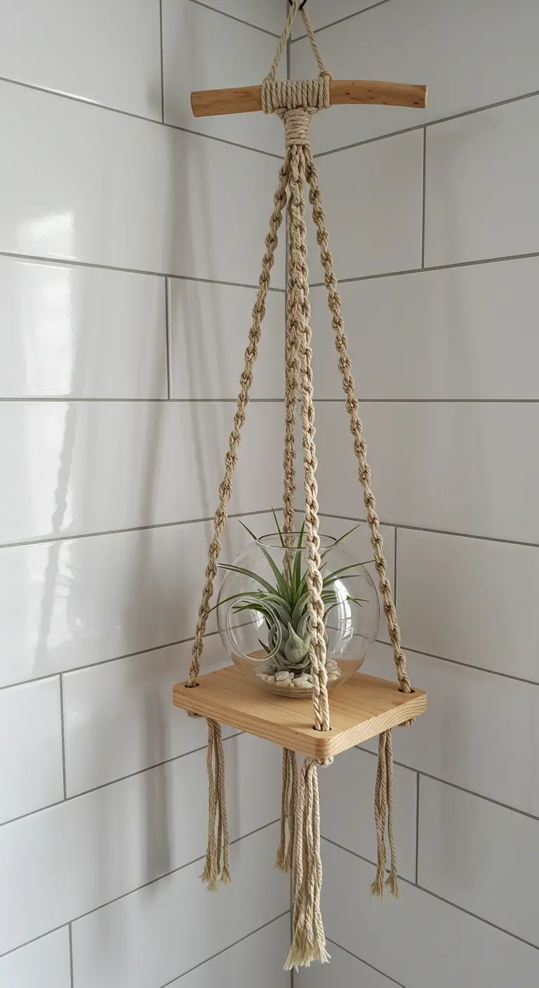 Colgador de macramé con una base de madera sosteniendo una planta de aire en un rincón de azulejos.