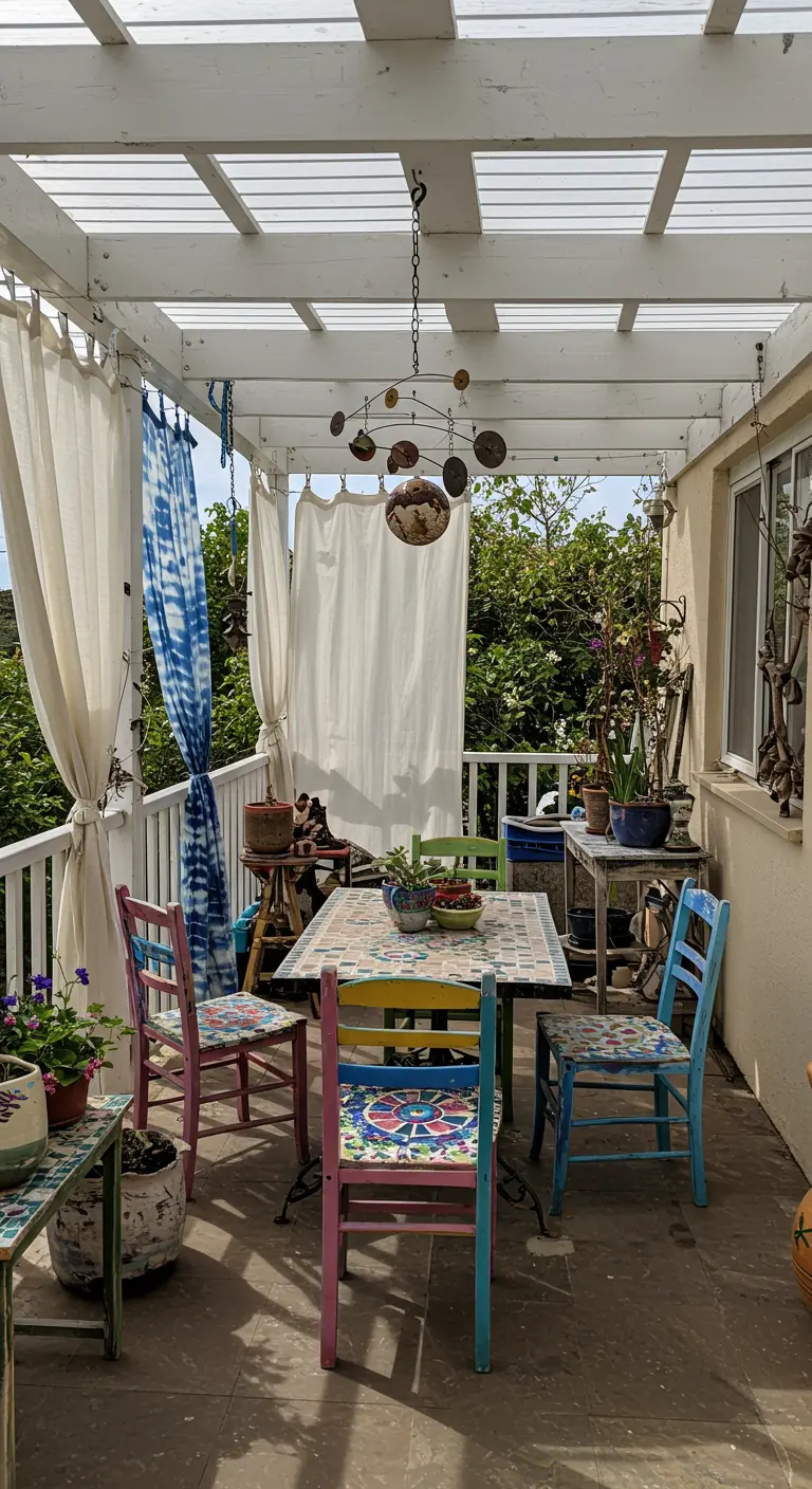 Comedor exterior ecléctico bajo una pérgola blanca, con sillas de colores y mesa de mosaico.