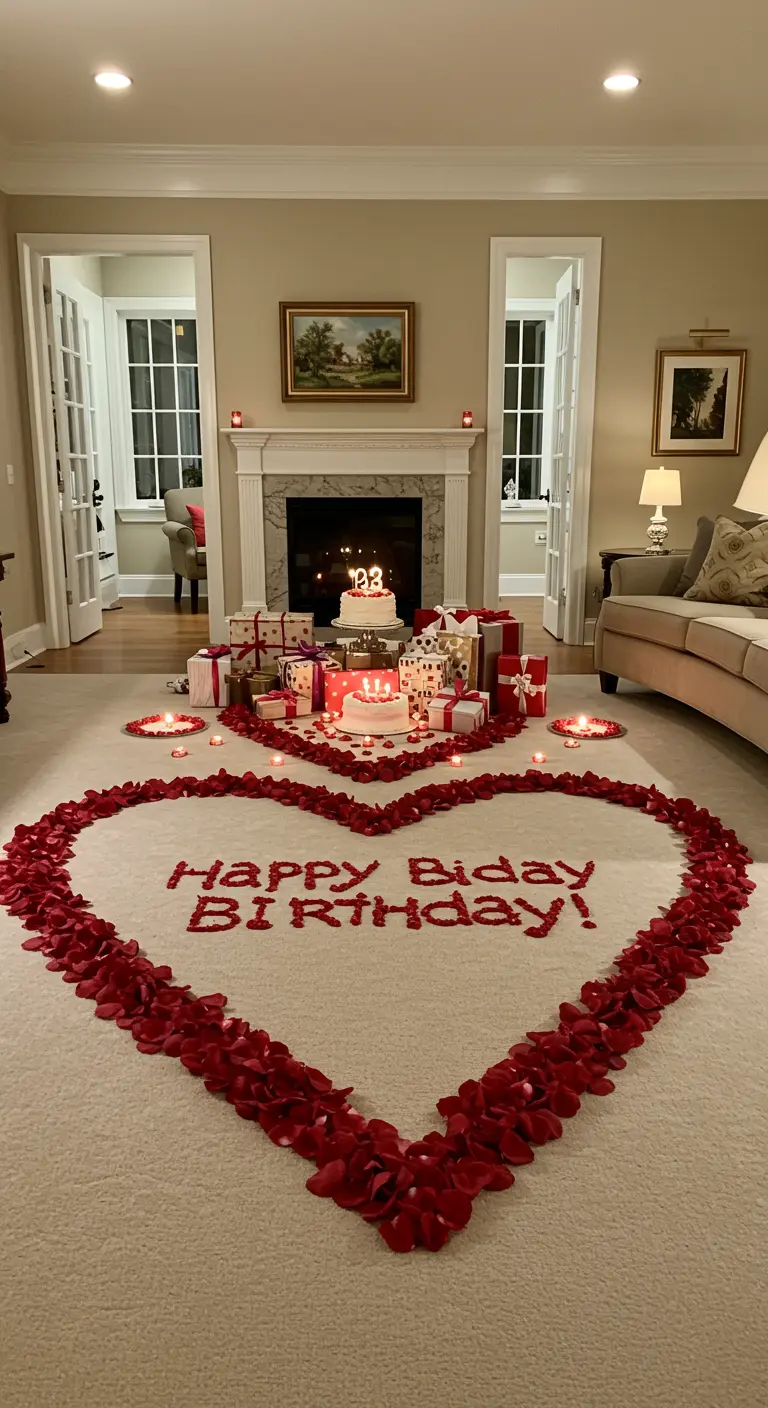 Un gran corazón hecho de pétalos de rosa roja en una alfombra, con las palabras 'Happy Birthday' dentro.