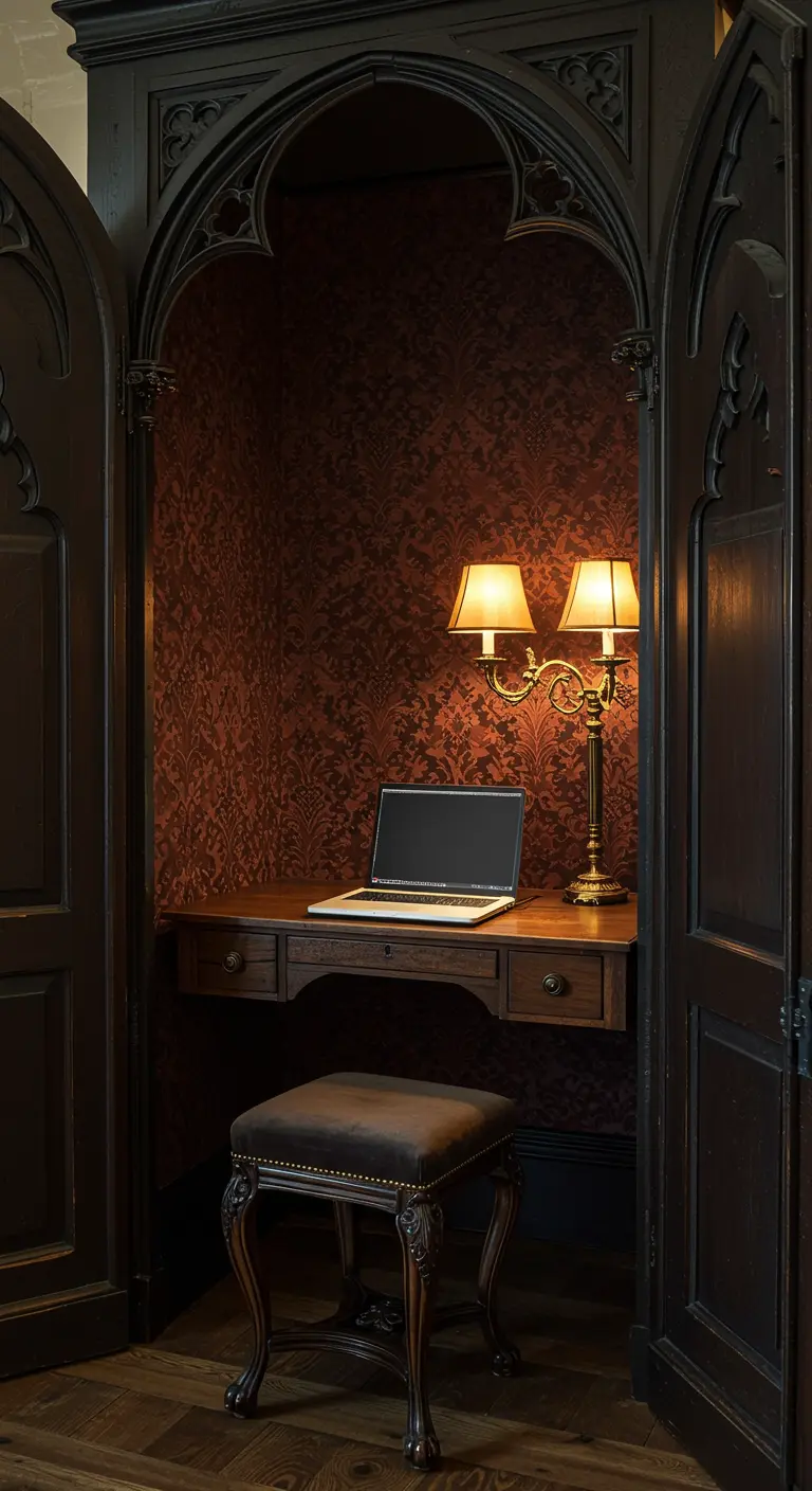 Oficina de estilo gótico en un armario de madera oscura con papel pintado adamascado.