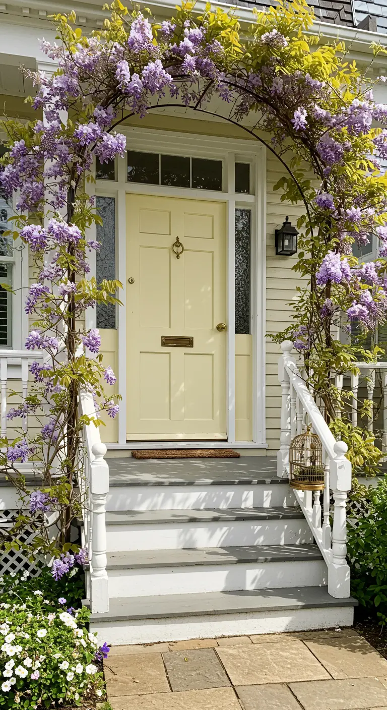 Pequeña jaula de pájaros sobre la barandilla de un porche blanco, bajo un arco de glicinas moradas.