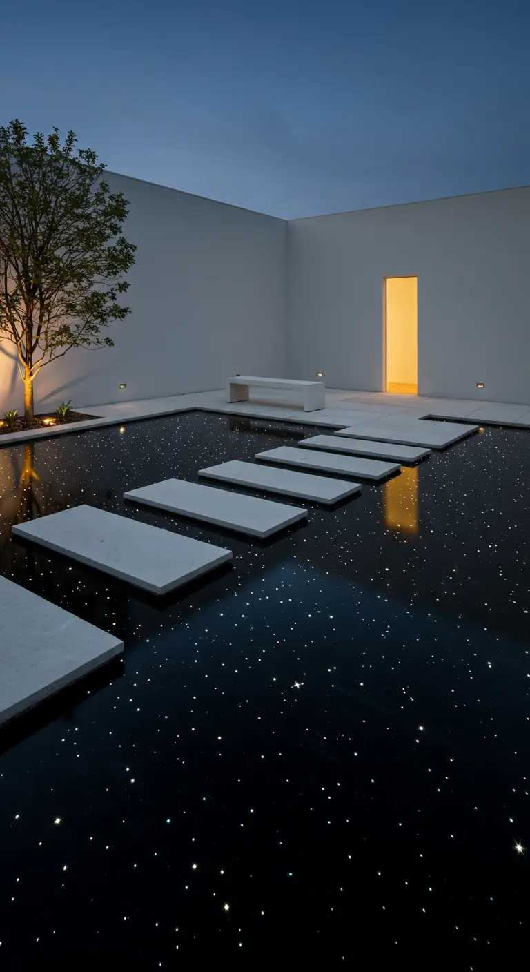 Estanque oscuro con luces que parecen estrellas y un camino de losas blancas flotantes.