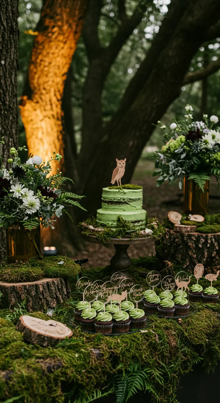 Cupcakes con frosting verde y toppers de animales del bosque sobre musgo y troncos.