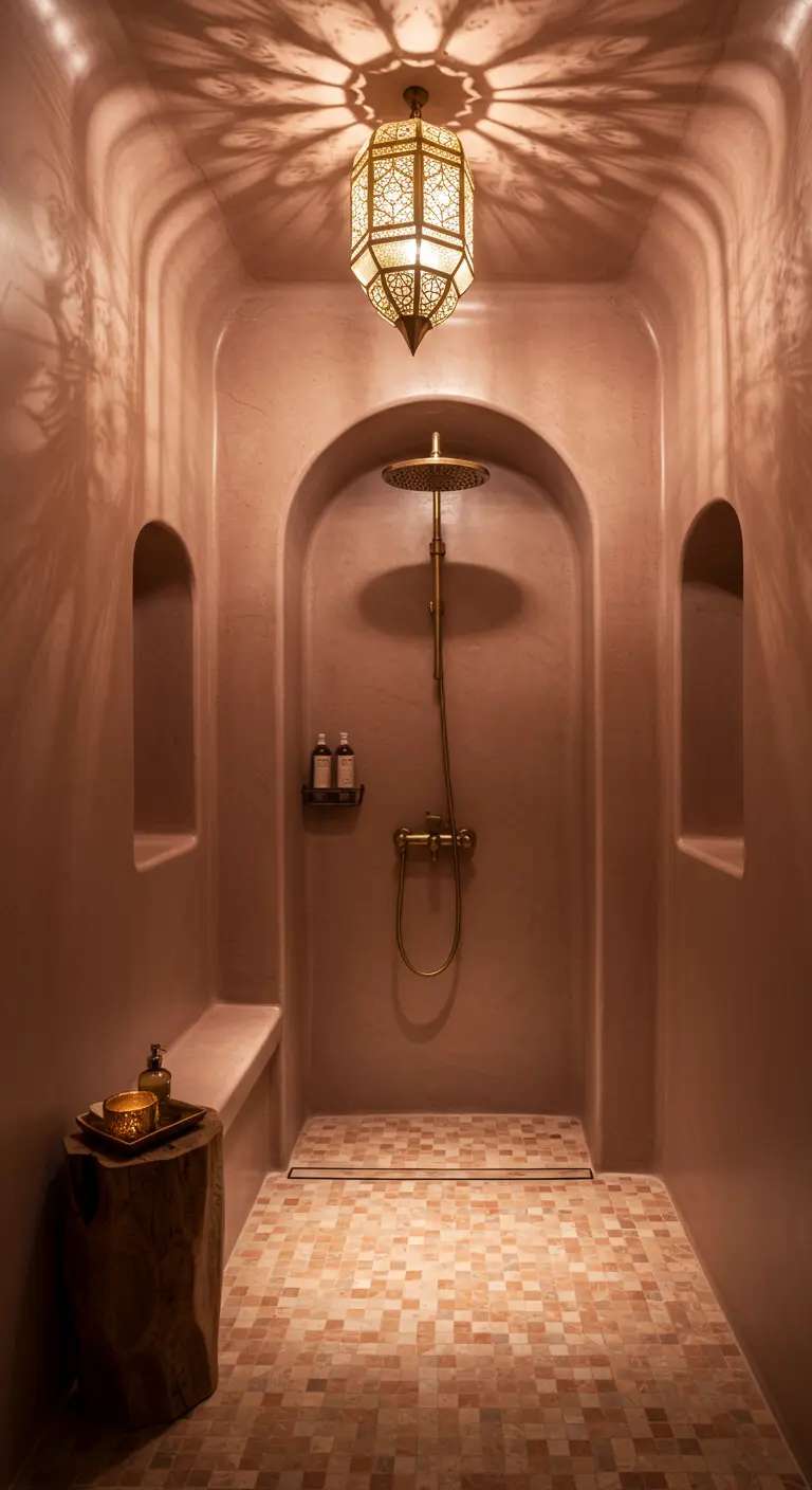 Ducha de estilo marroquí con paredes de tadelakt rosa y lámpara de latón.