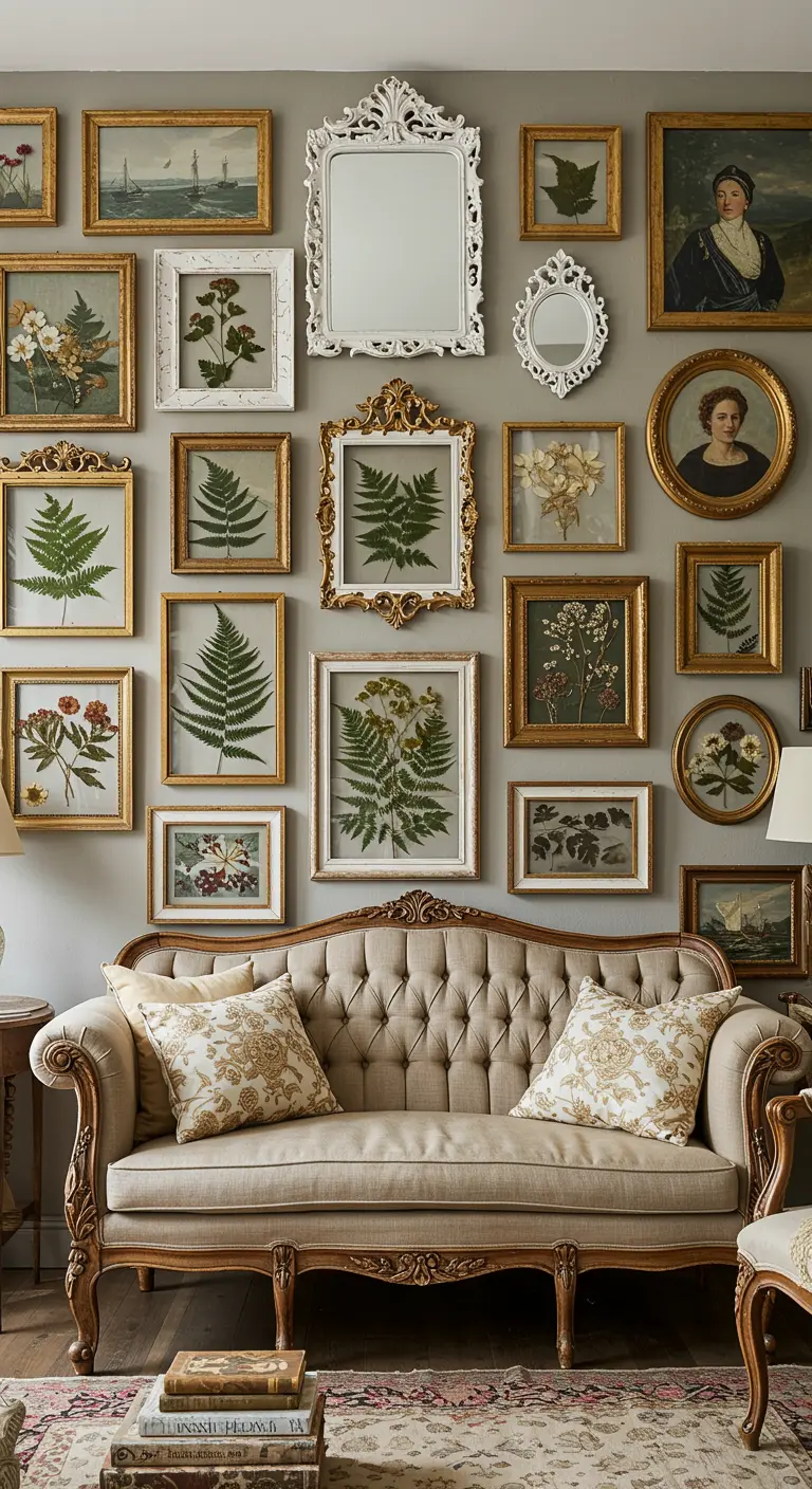 Pared de galería con numerosos cuadros enmarcados que contienen diferentes tipos de flores y hojas prensadas