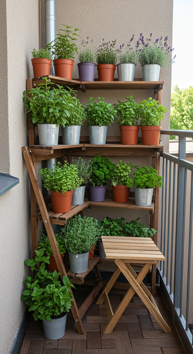 Estantería de madera en un balcón llena de macetas con diferentes hierbas aromáticas.