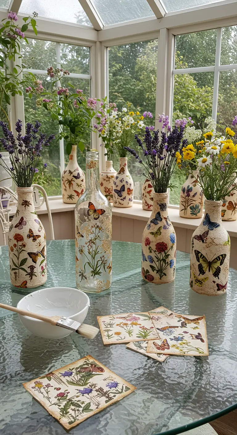 Floreros hechos con botellas y decorados con técnica de decoupage de flores y mariposas.