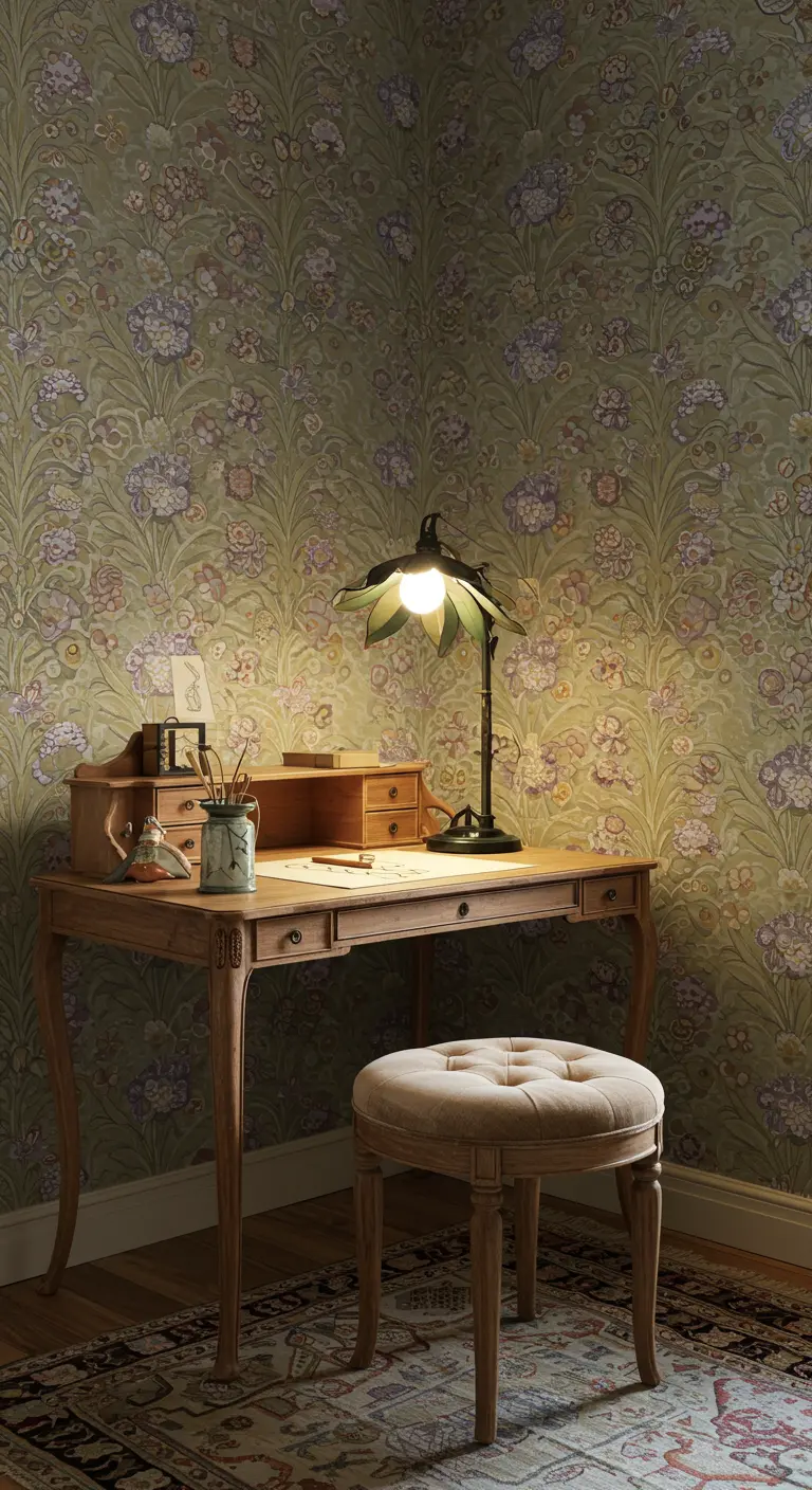 Rincón de escritura con papel pintado Art Nouveau y una lámpara con forma de flor.