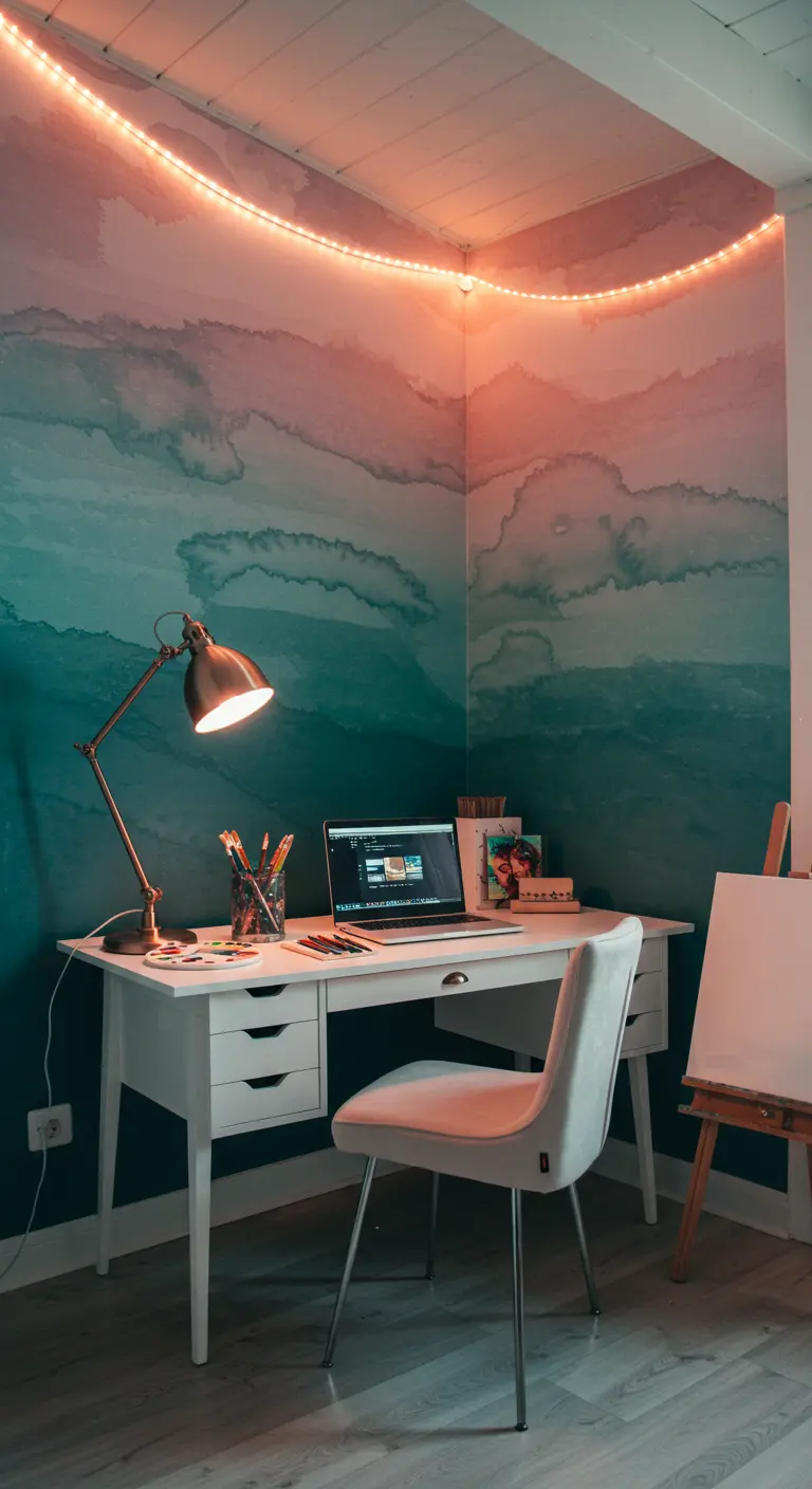 Rincón de estudio con papel pintado de acuarela en tonos azules y rosas, iluminado con LED.