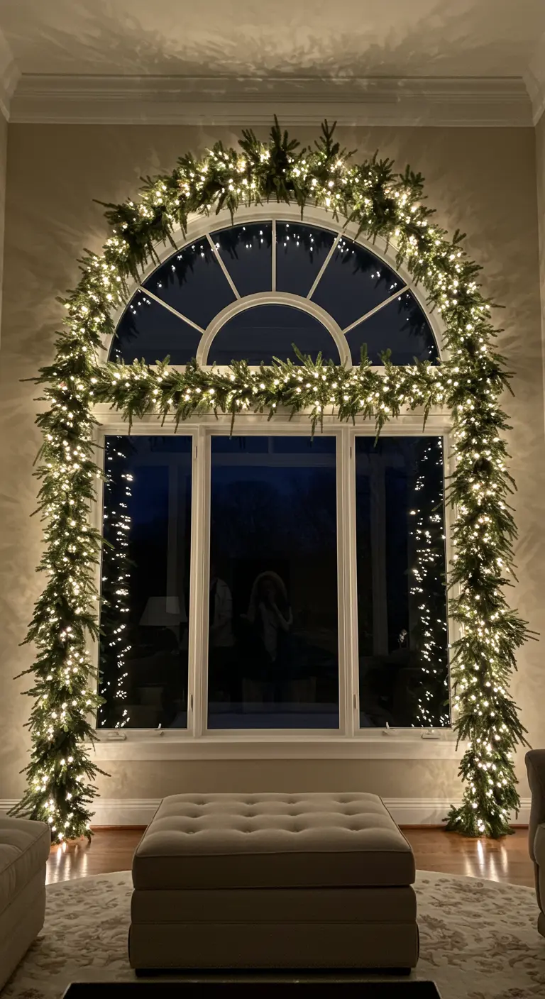 Gran ventana en forma de arco completamente enmarcada por una densa guirnalda de pino iluminada.