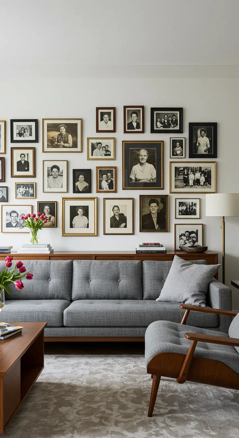 Galería de retratos familiares con marcos mixtos sobre un aparador de madera en una sala Mid-Century.