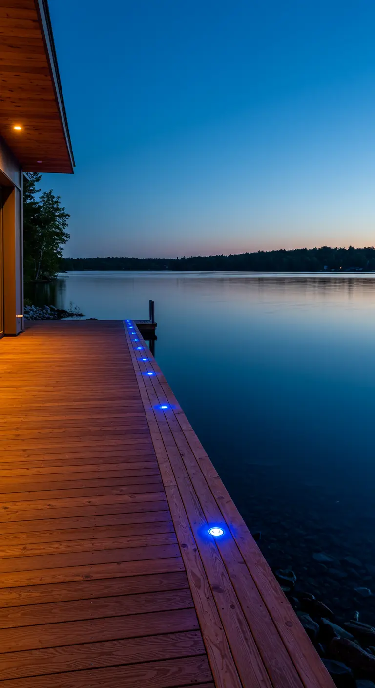 Muelle de madera sobre un lago al atardecer, con una fila de pequeños focos LED de color azul marcando el borde