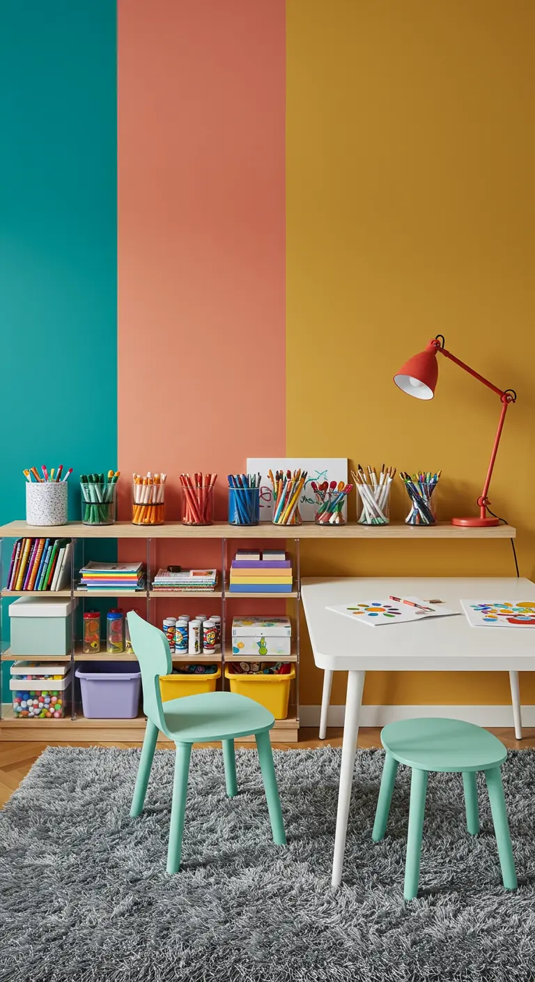 Zona de manualidades para niños con pared pintada en bloques de color turquesa, coral y mostaza.