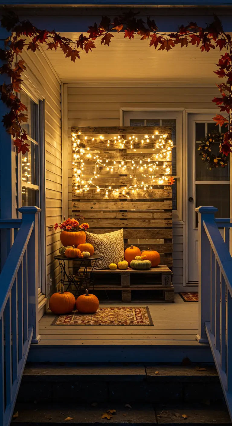 Porche de noche con un palet en vertical decorado con una guirnalda de luces cálidas y calabazas.