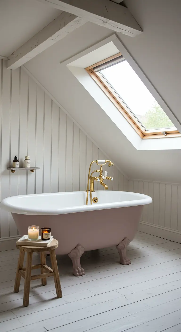 Baño en ático con bañera con patas pintada de rosa y vigas de madera a la vista.