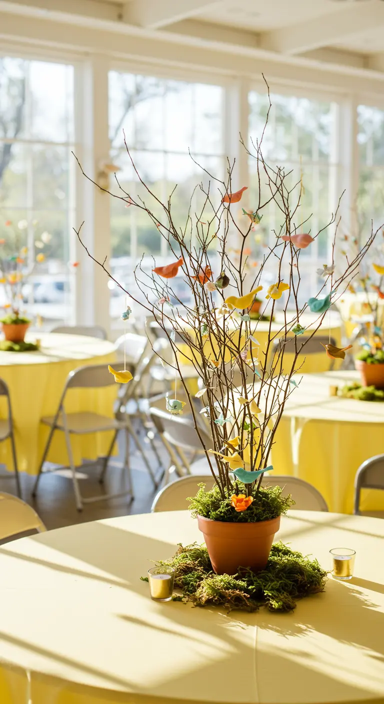 Centro de mesa primaveral con ramas, musgo y pajaritos de papel de colores.