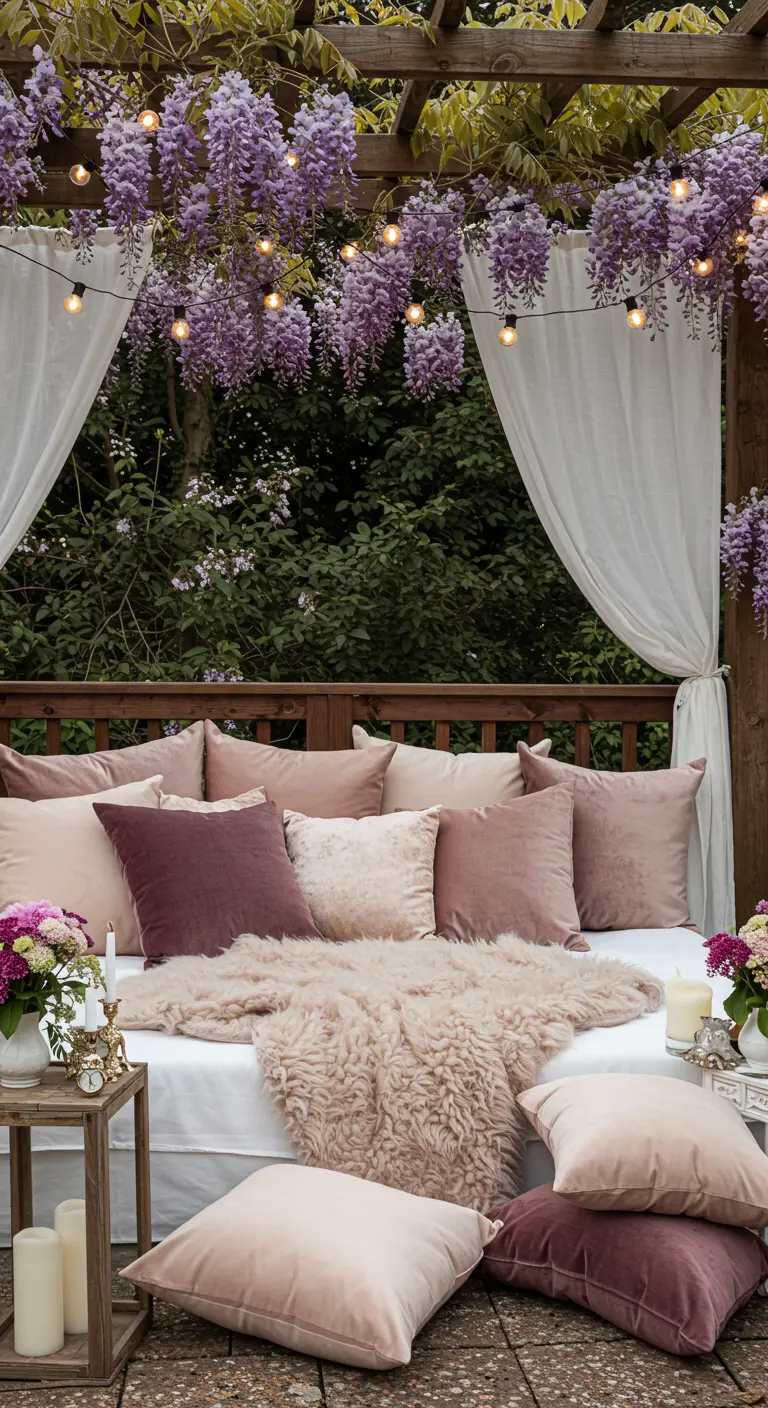 Pérgola romántica con glicinias, sofá cama con cojines rosas, velas y una manta de pelo.
