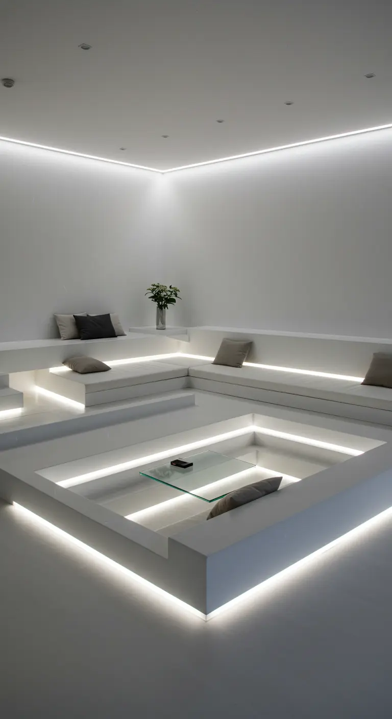 Sala de estar hundida de color blanco con tiras de LED bajo los asientos que delinean la estructura.