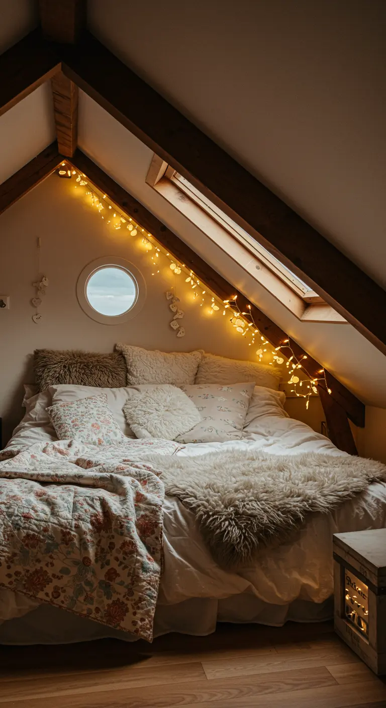 Acogedor dormitorio en un ático con vigas de madera, muchas mantas y luces de hadas.