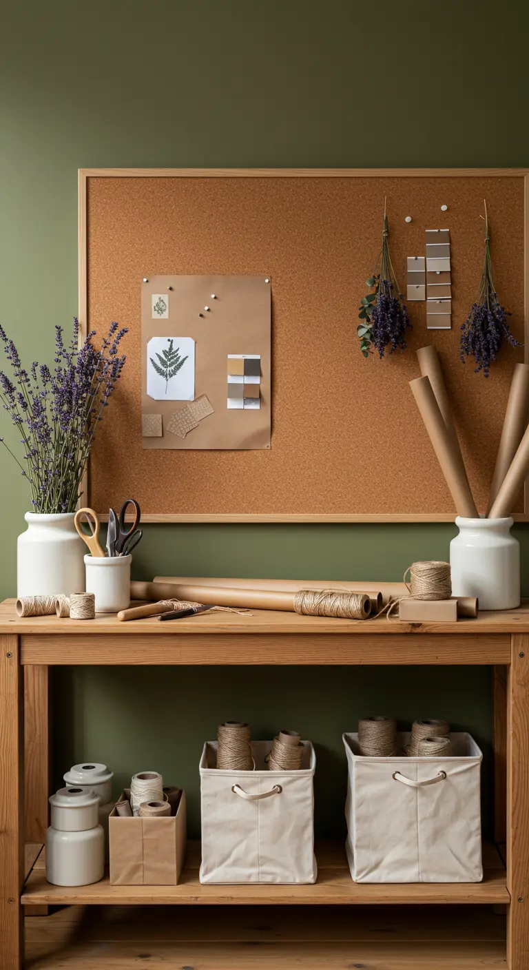 Estación de envoltura con pared verde, tablero de corcho grande y elementos naturales como lavanda.
