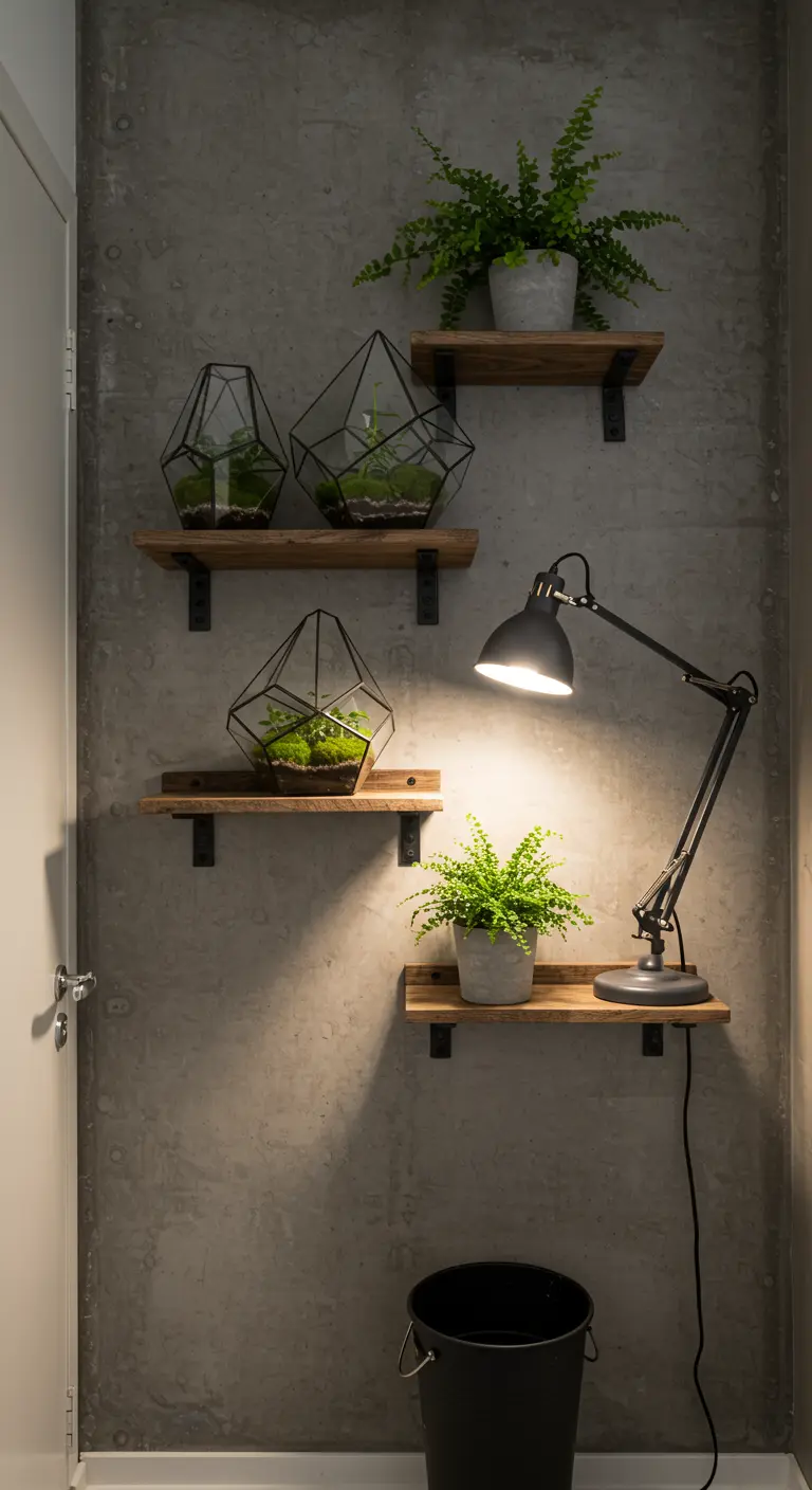 Pared de cemento con estanterías de madera decoradas con terrarios geométricos y plantas.