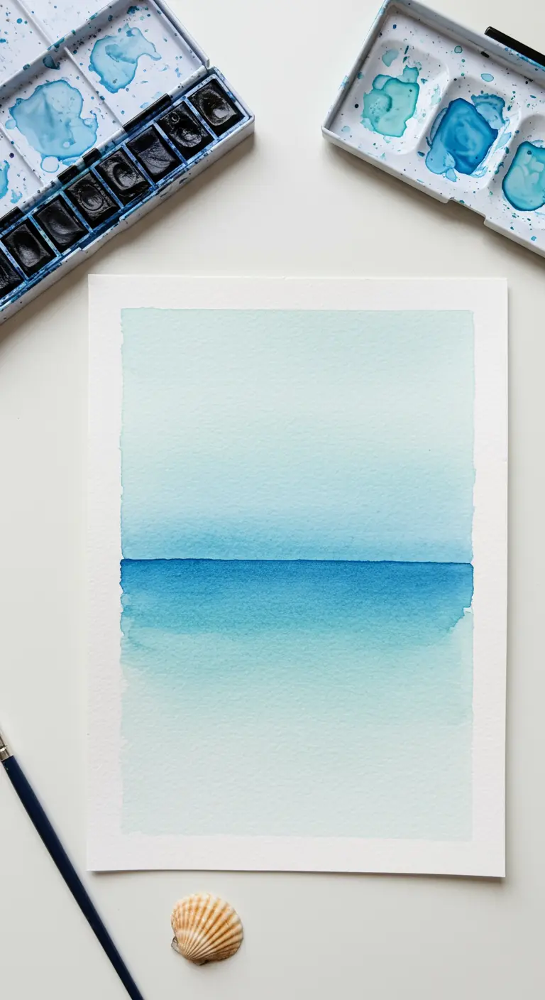 Pintura de acuarela minimalista de un horizonte oceánico con degradado de azul claro a oscuro.