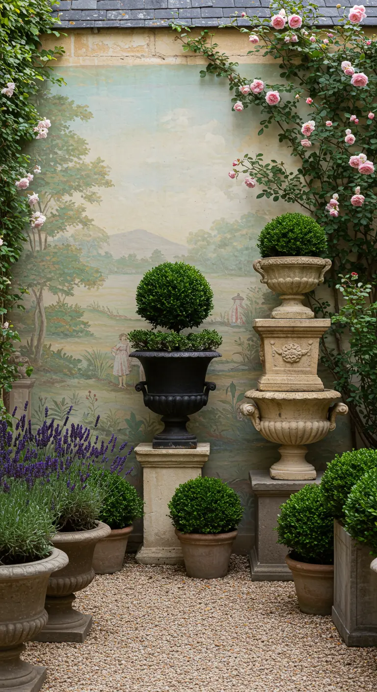 Jardín de estilo clásico con un mural de un paisaje pintado en la pared y macetas de piedra con boj