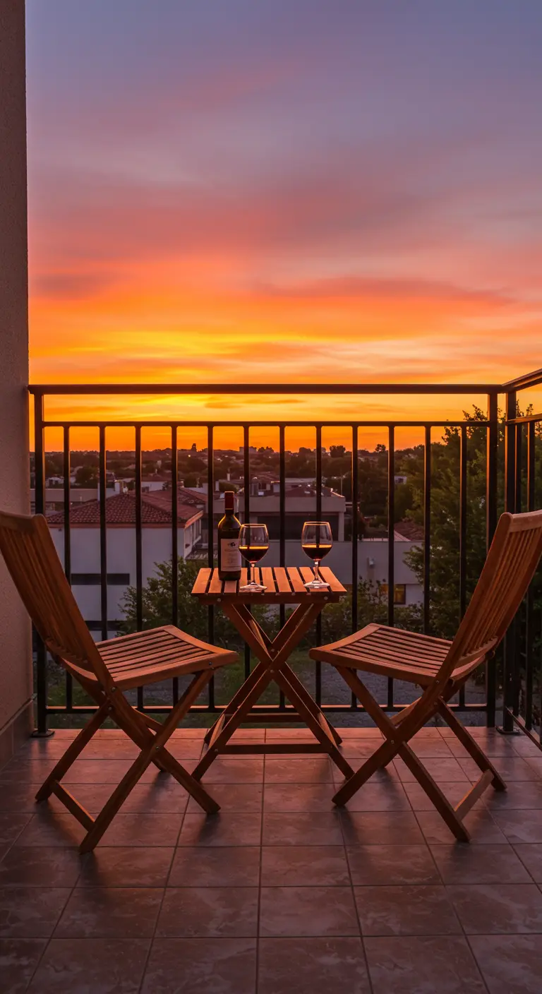 Silueta de dos sillas y una mesa de madera en un balcón durante un espectacular atardecer.