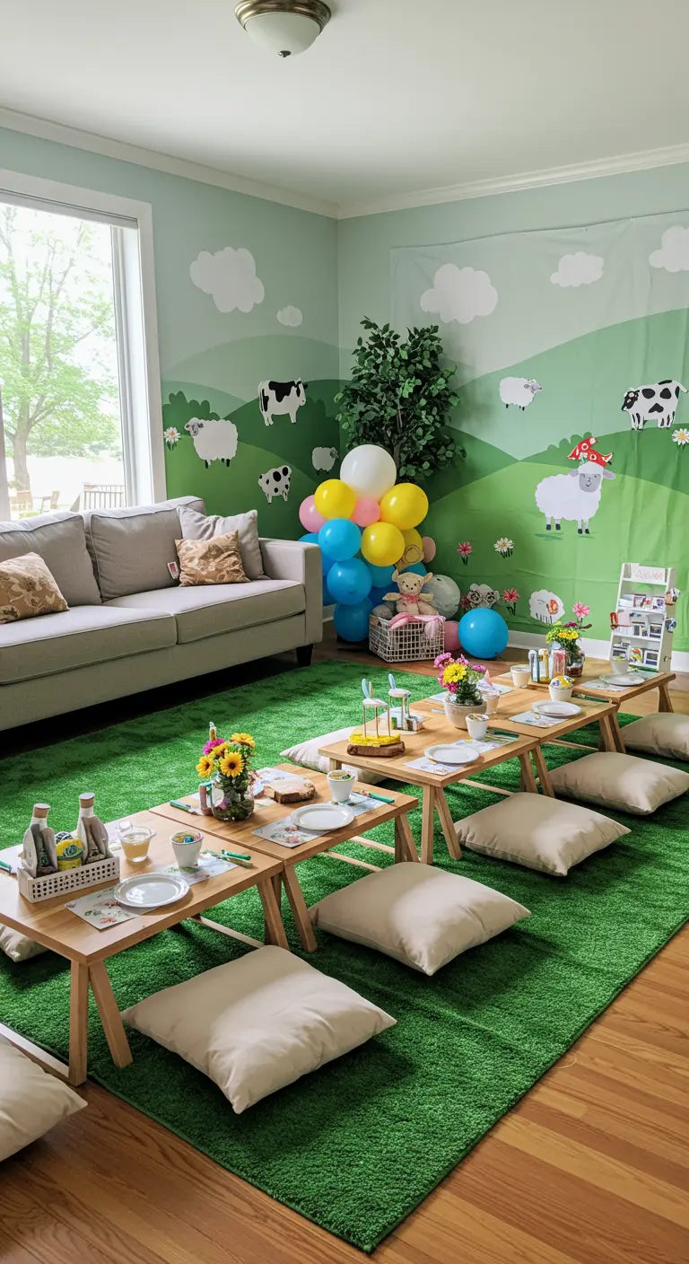 Salón transformado para una fiesta infantil con césped artificial en el suelo y mesas bajas de picnic.