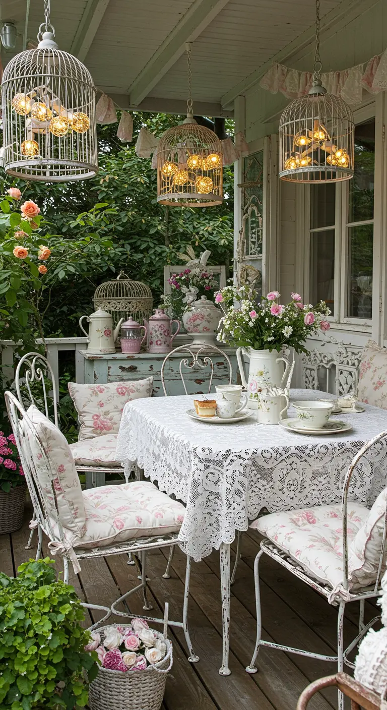 Porche shabby chic con muebles de hierro blanco, mantel de encaje y jaulas de pájaros como lámparas