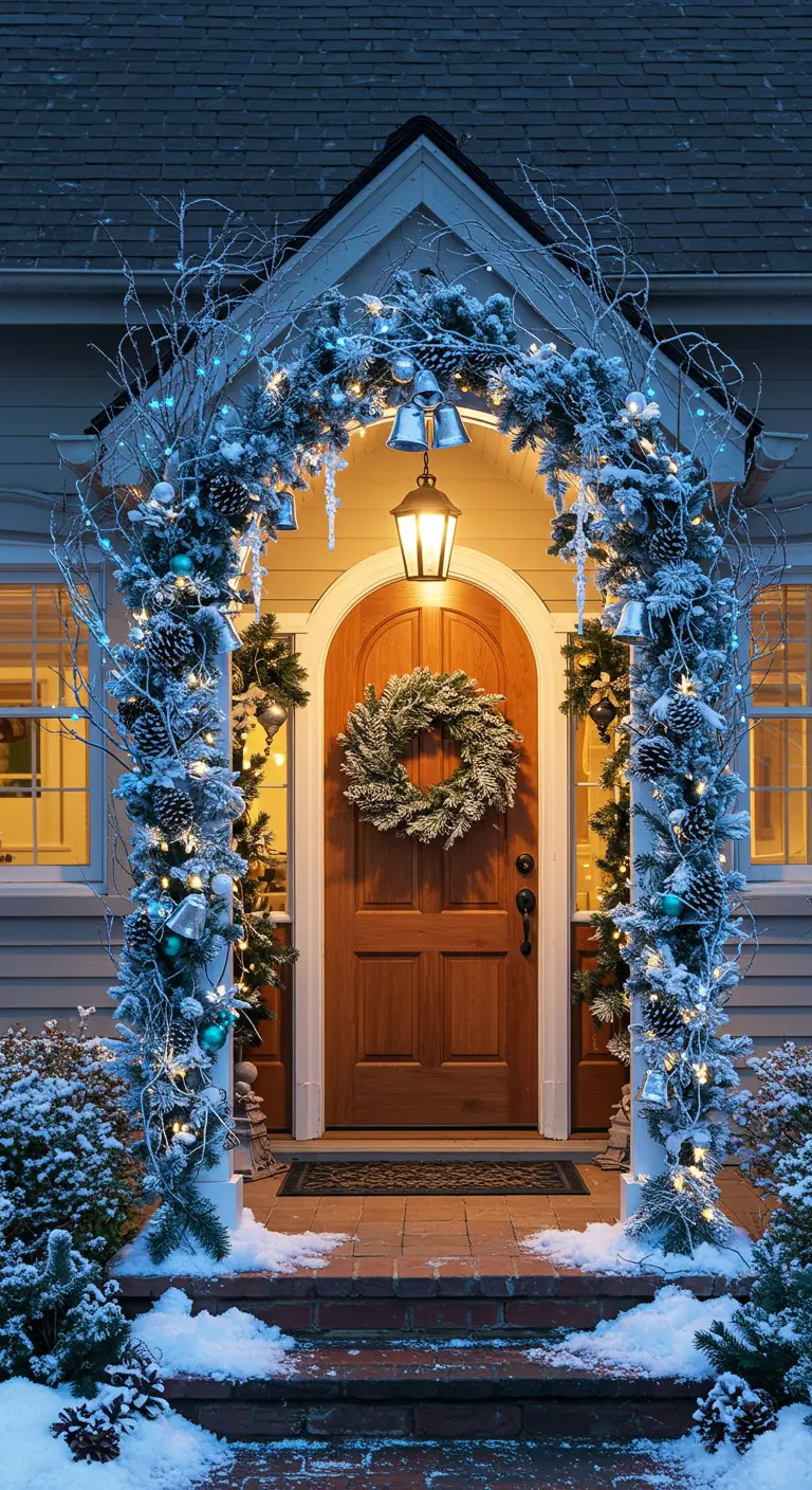 Puerta de madera bajo un arco exuberante de guirnalda nevada con luces y adornos azules.