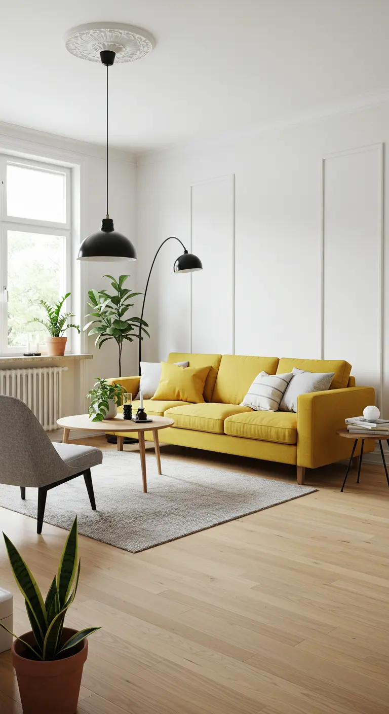 Sofá amarillo mostaza en una sala de estar de estilo escandinavo con paredes blancas y plantas