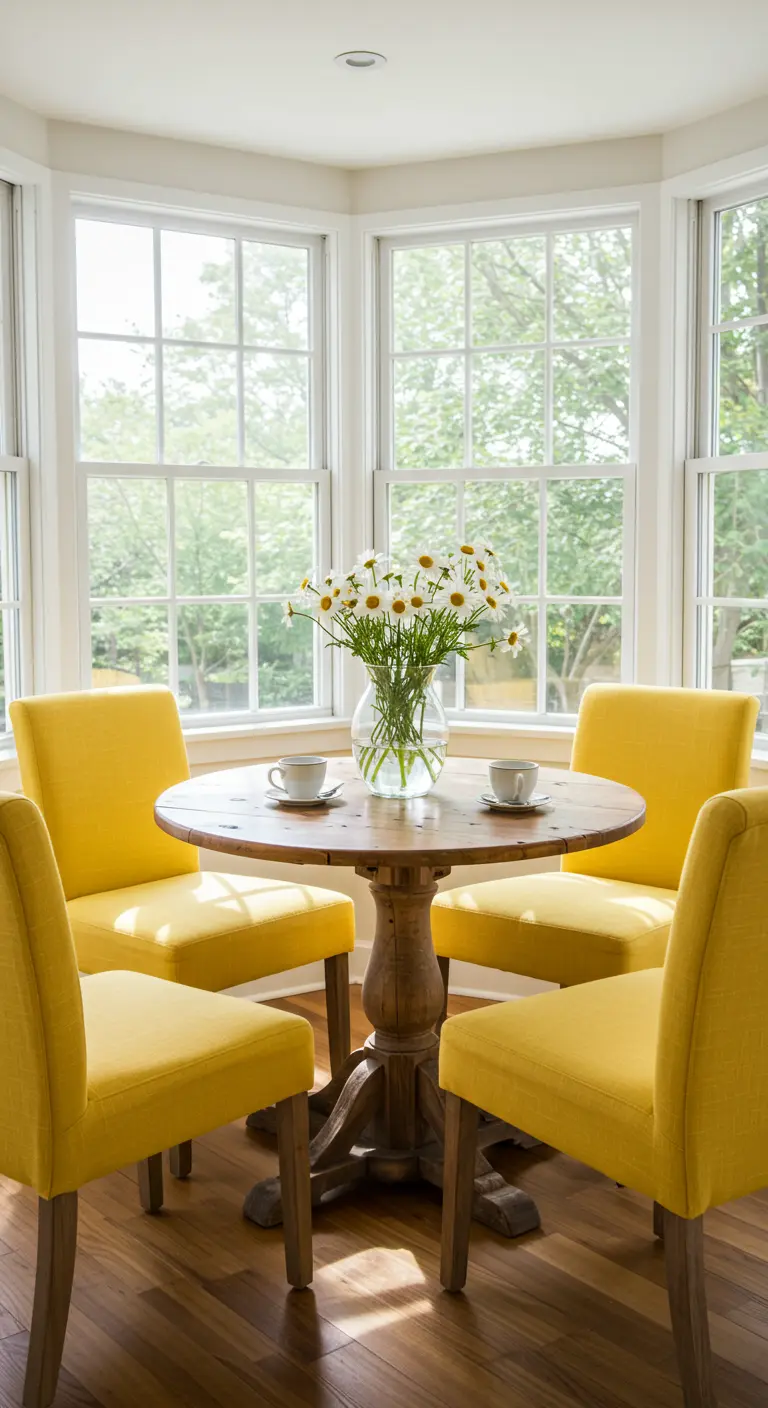 Rincón de comedor soleado con mesa de madera redonda y cuatro sillas de lino amarillo.