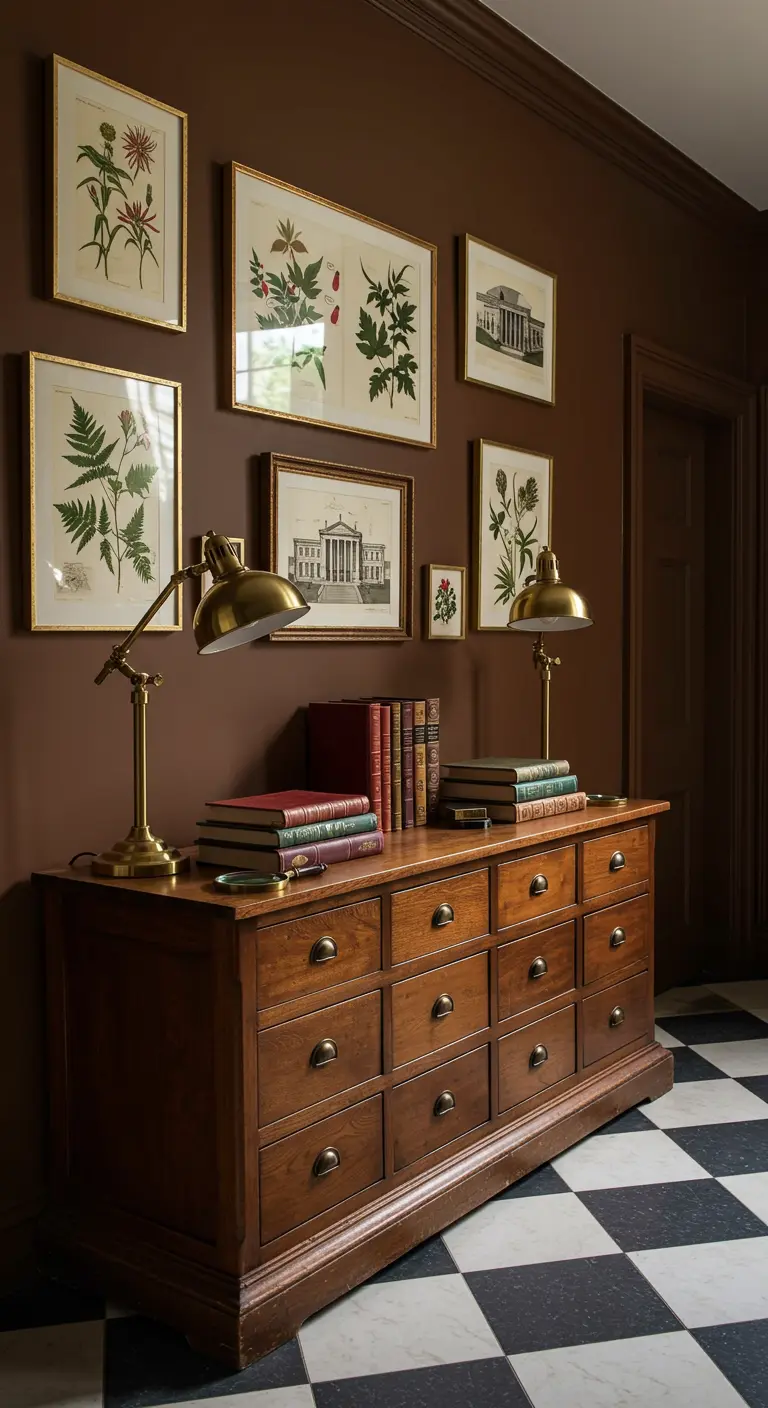 Recibidor marrón con una cómoda de madera y una pared de galería con láminas botánicas.