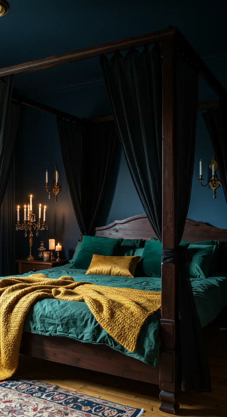 Dormitorio bohemio oscuro con cama con dosel, cortinas negras y ropa de cama verde esmeralda.
