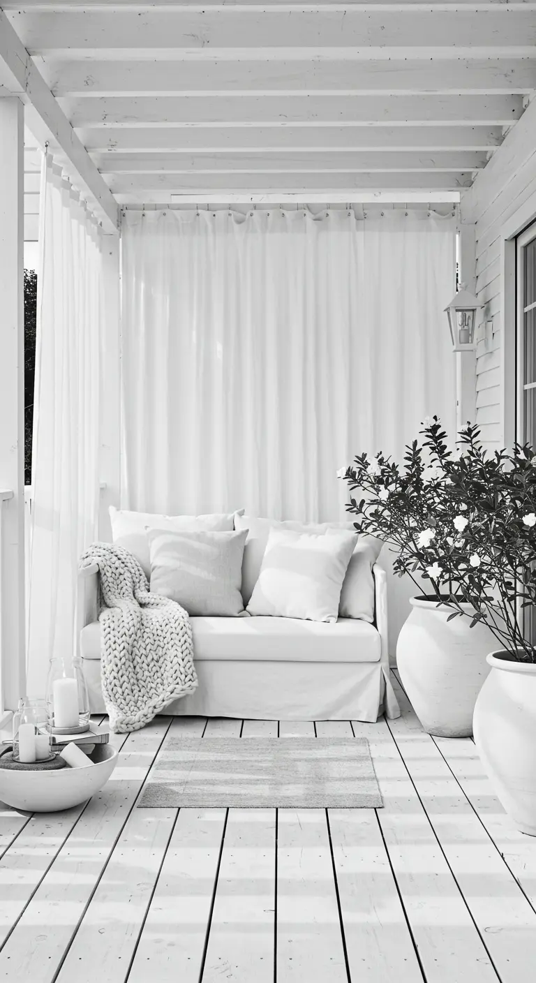 Porche totalmente blanco con pérgola, sofá, macetas y suelo de madera pintada.