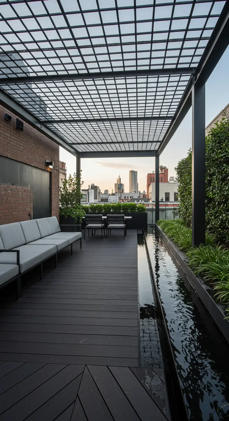 Terraza urbana con pérgola de rejilla, suelo de madera oscura y un canal de agua con plantas.