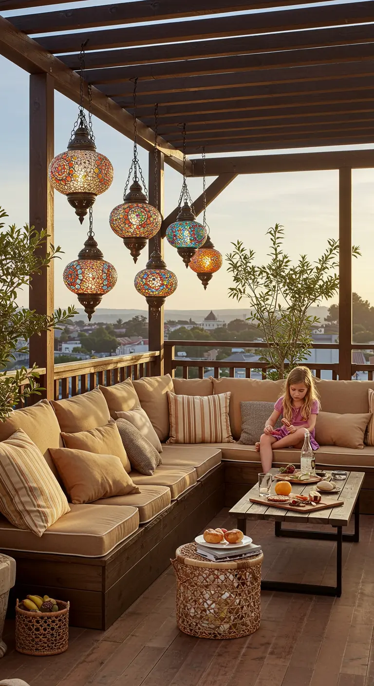 Terraza familiar con un gran sofá de madera, cojines beige y lámparas de mosaico de colores
