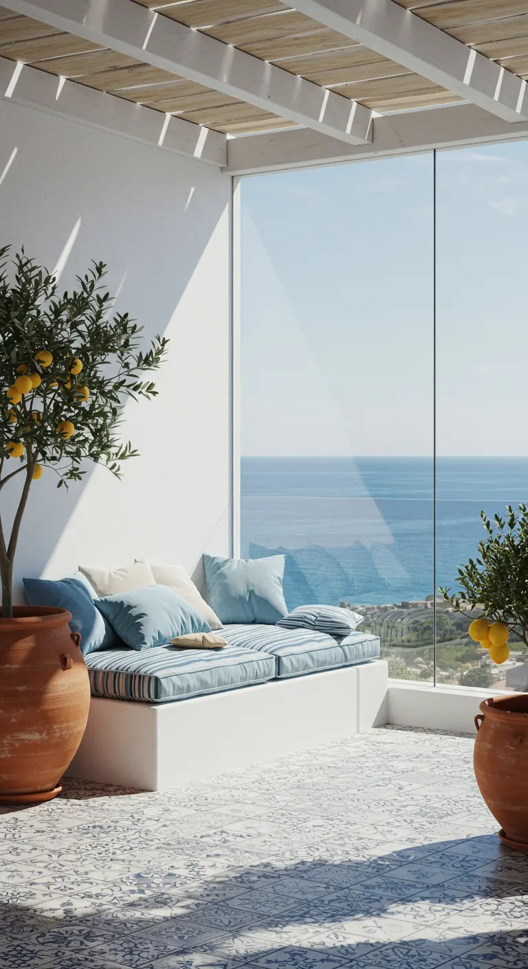 Balcón de estilo mediterráneo con sofá de obra, azulejos y un limonero