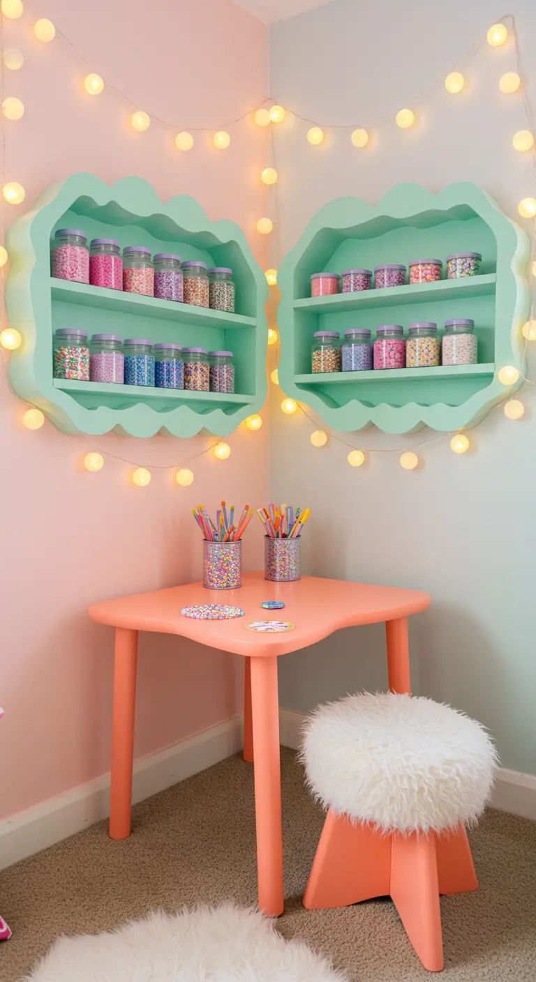 Esquina de arte infantil en tonos pastel con estanterías en forma de nube y guirnaldas de luces.