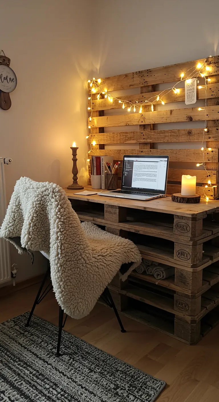 Acogedor rincón de trabajo con escritorio de palets decorado con luces de hadas y una manta de lana.