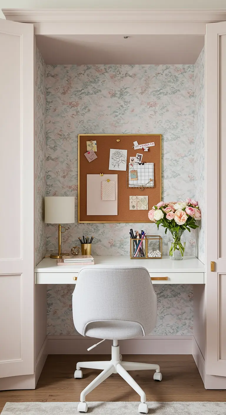 Oficina femenina en un armario rosa pálido con papel pintado floral y tablero de corcho.