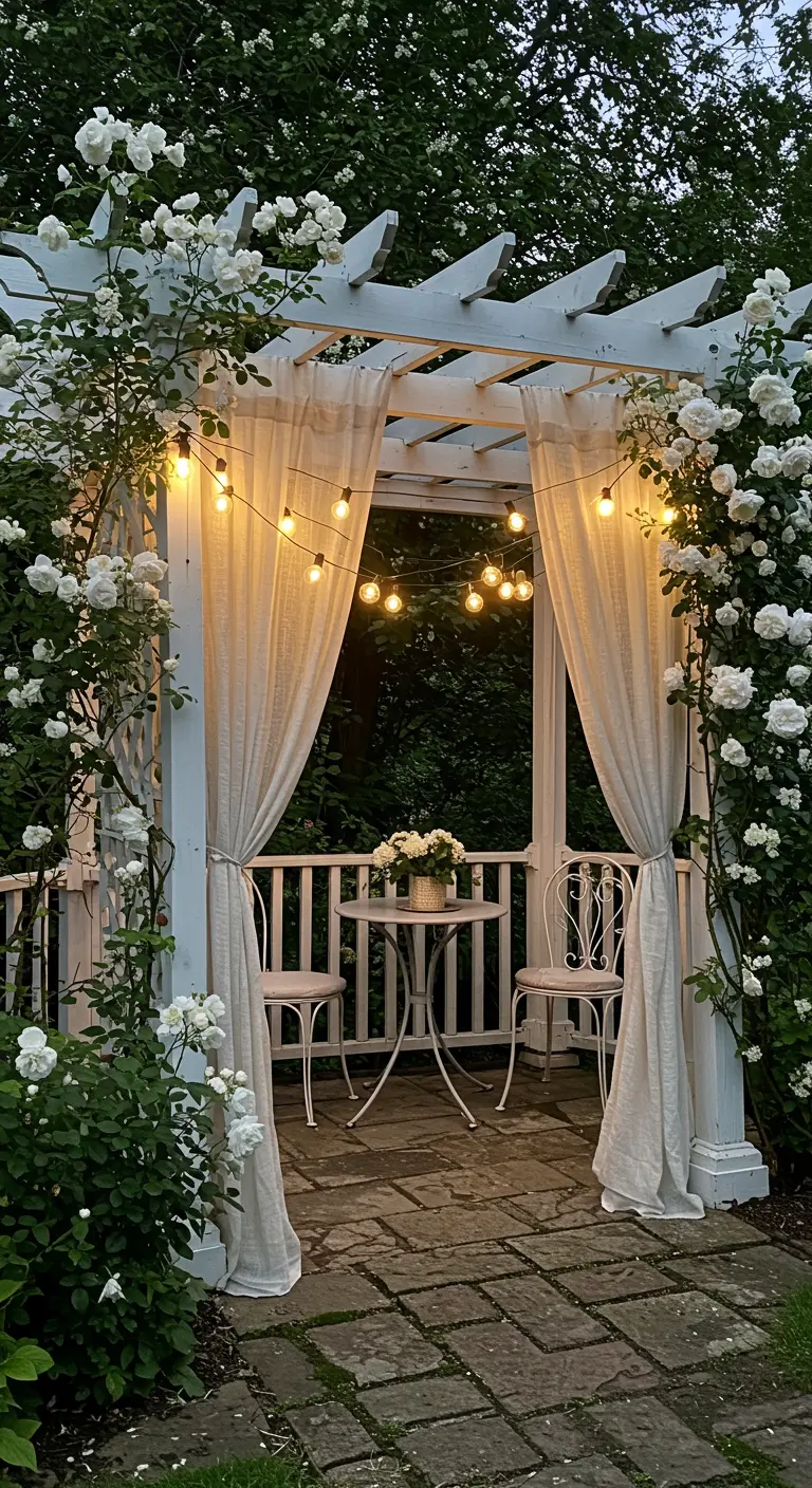 Pérgola blanca de jardín cubierta de rosas blancas e iluminada con guirnaldas de luces.