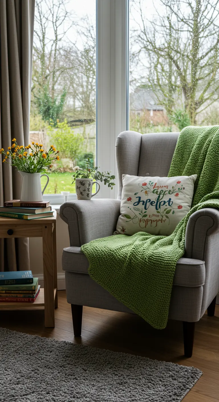 Un sillón gris con una manta de punto verde brillante y un cojín bordado.
