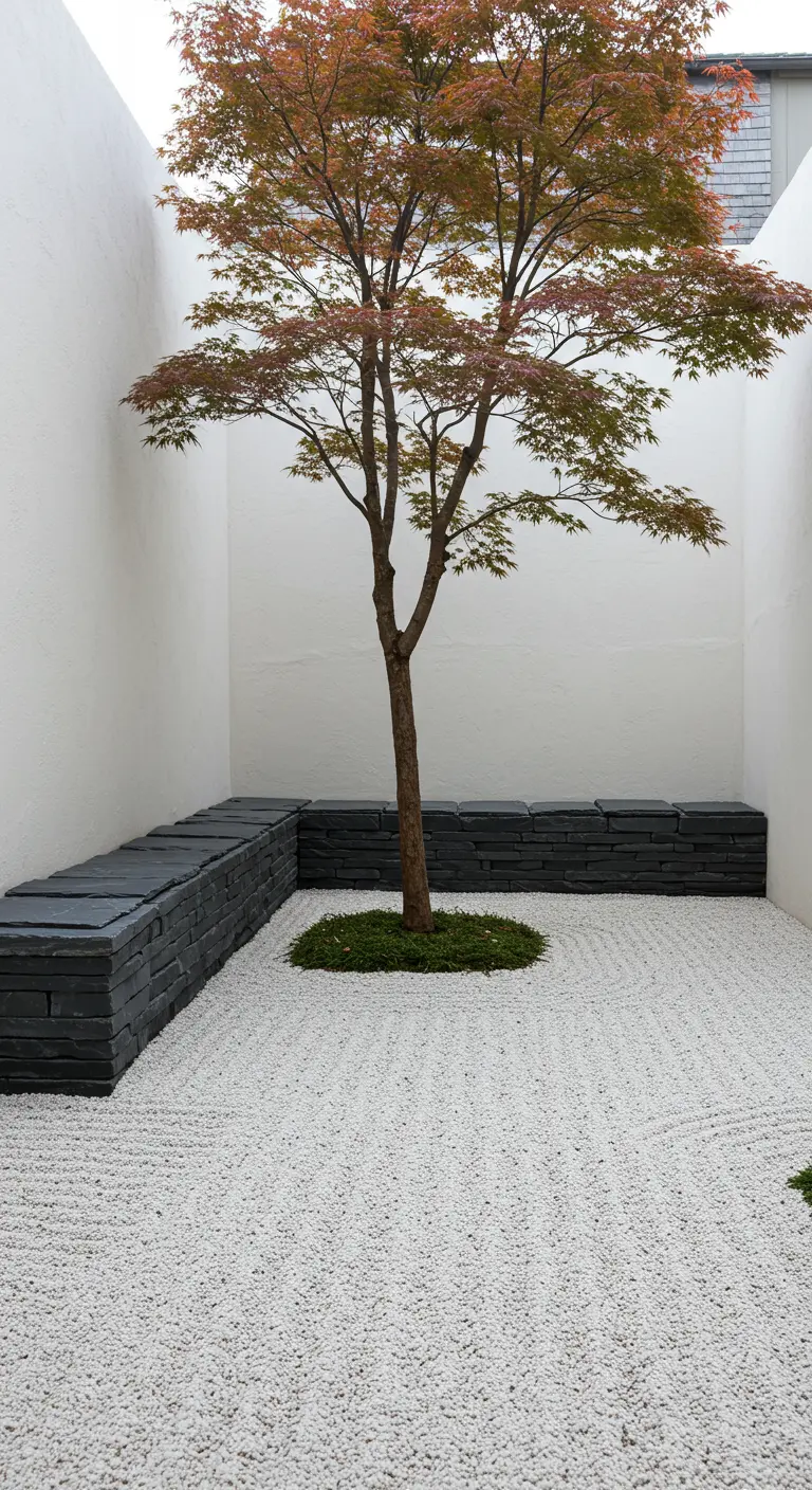 Patio interior con un arce japonés central, rodeado de grava blanca y un banco bajo de pizarra.