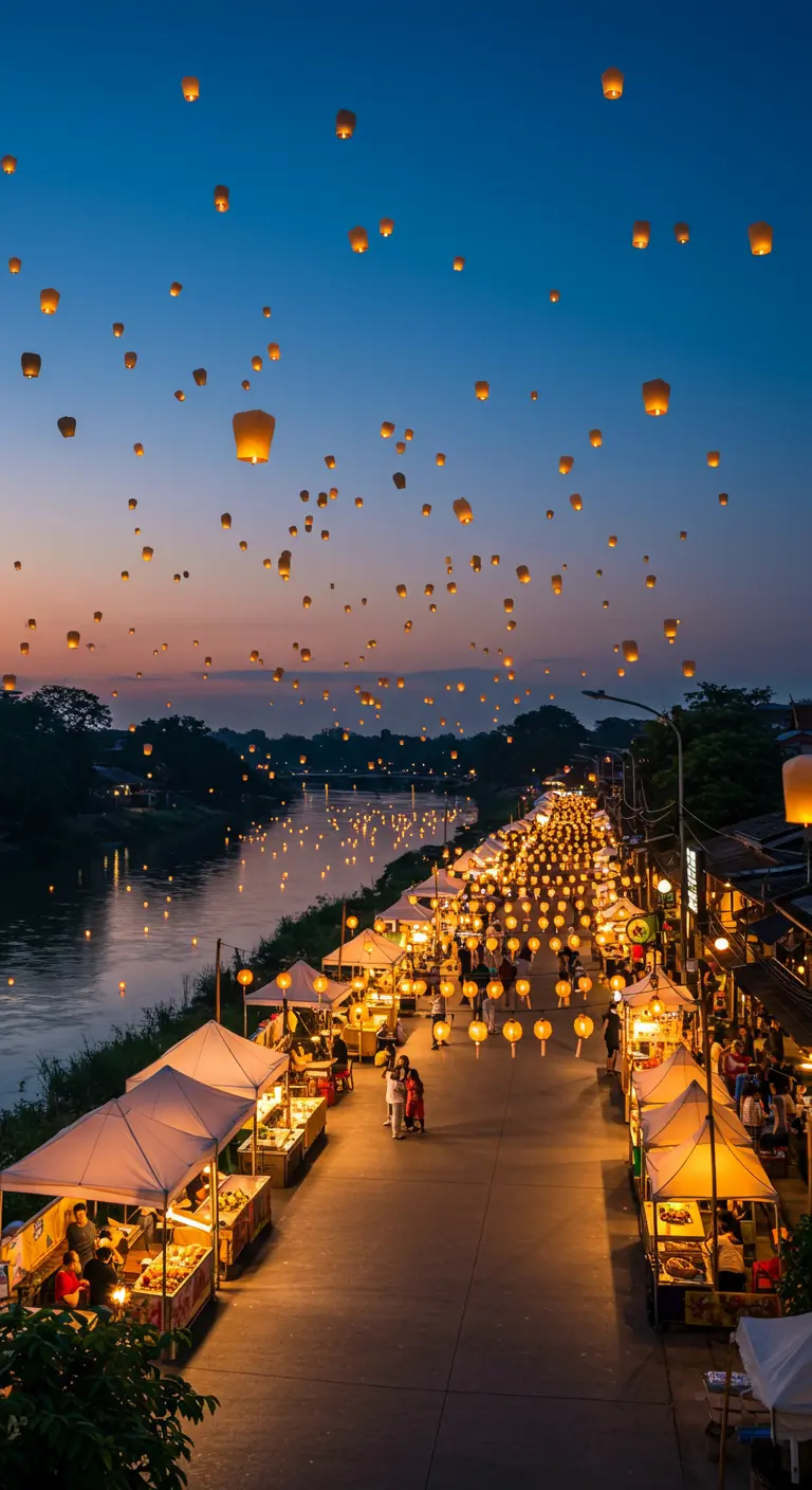 Cientos de farolillos flotantes ascienden sobre un río al atardecer en un festival.