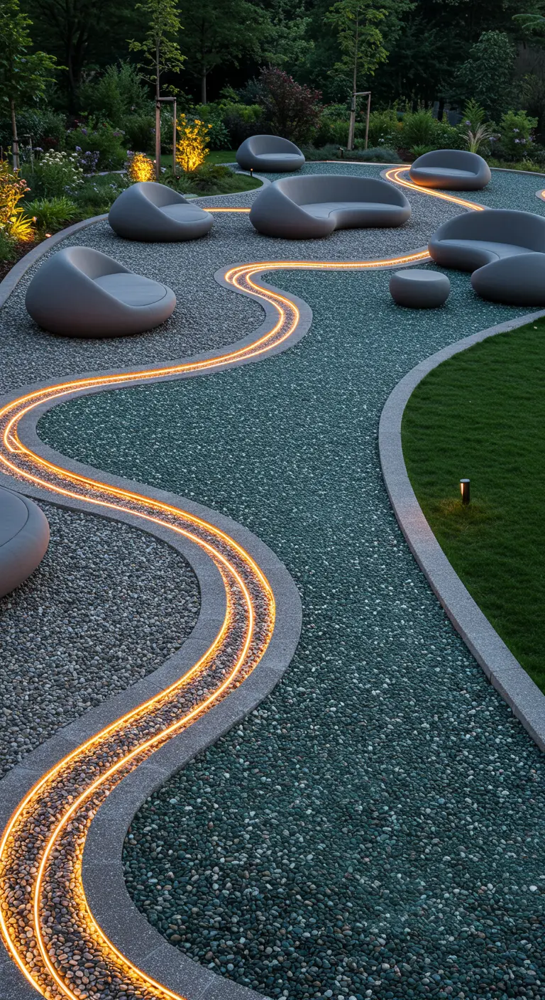 Camino de jardín curvilíneo hecho de grava, con dos líneas de luz LED cálida que siguen su forma sinuosa